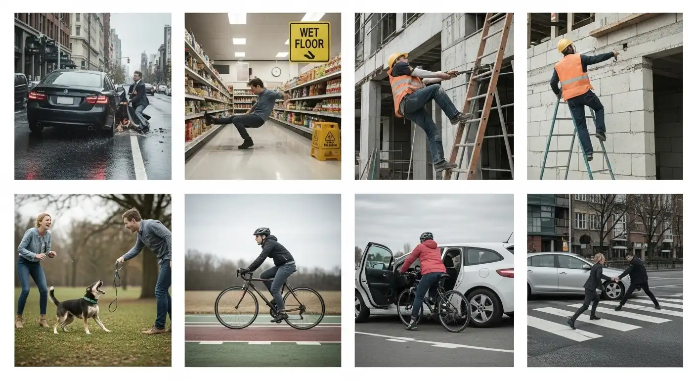 A 2x4 grid of images depicting various personal injury scenarios, including a car accident, a slip and fall in a grocery store, construction site falls, a dog bite incident, and bicycle-related accidents.