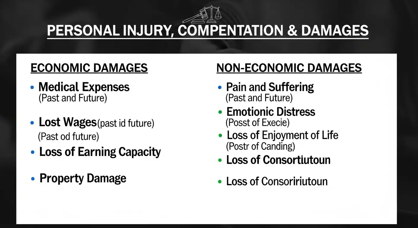 A list categorized into Economic Damages and Non-Economic Damages in personal injury cases.
