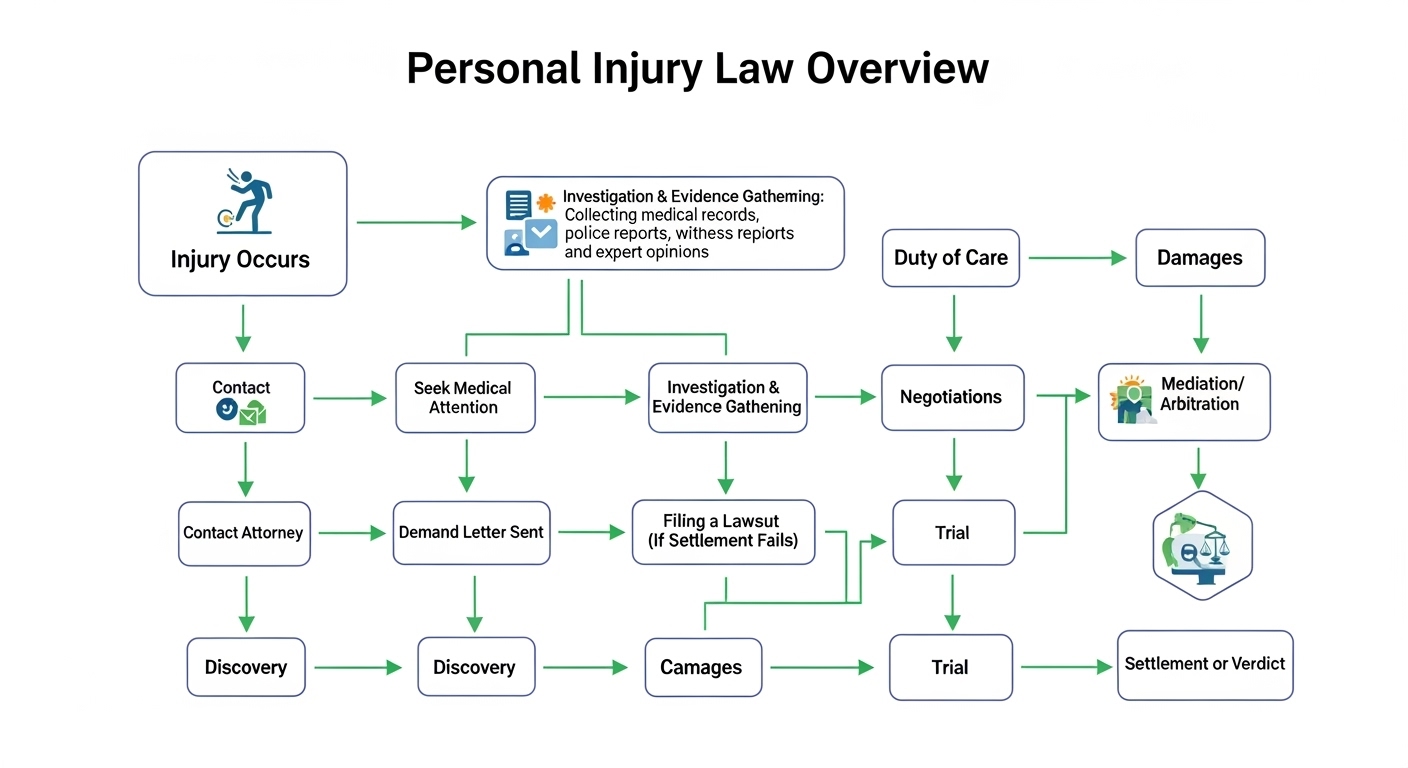 A comprehensive flowchart titled 'Personal Injury Law Overview' detailing the legal process from the initial injury through investigation, filing a lawsuit, negotiations, and reaching a final settlement or verdict.