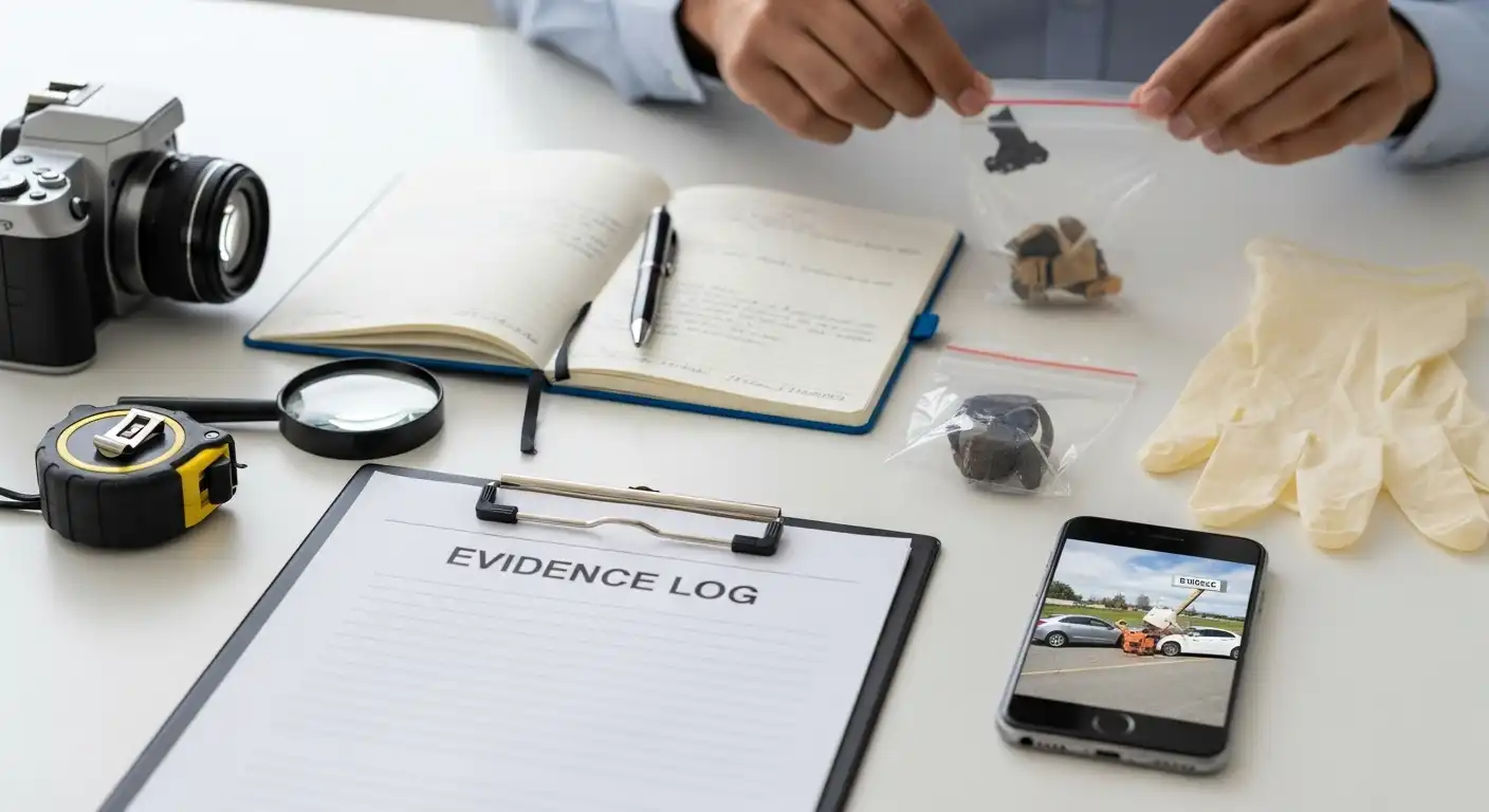 A desktop view showing tools for evidence gathering including an evidence log, camera, measuring tape, magnifying glass, and a smartphone displaying an accident photo.