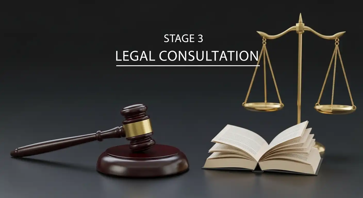 A professional graphic labeled 'Stage 3 Legal Consultation' featuring a wooden gavel, an open law book, and the gold scales of justice on a dark, polished surface.
