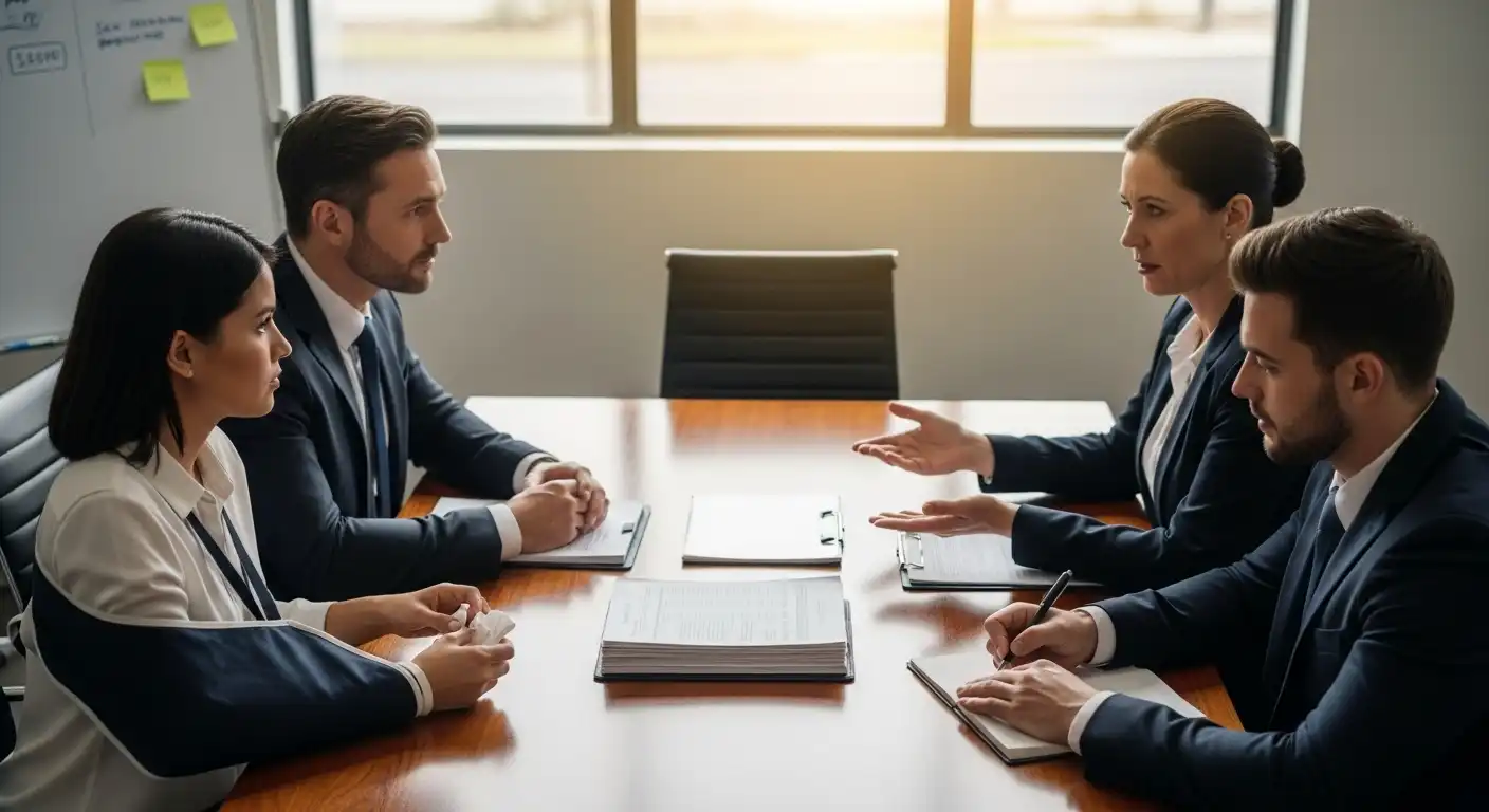 A realistic illustration of a legal negotiation between an injured client, their attorney, and opposing legal representatives.