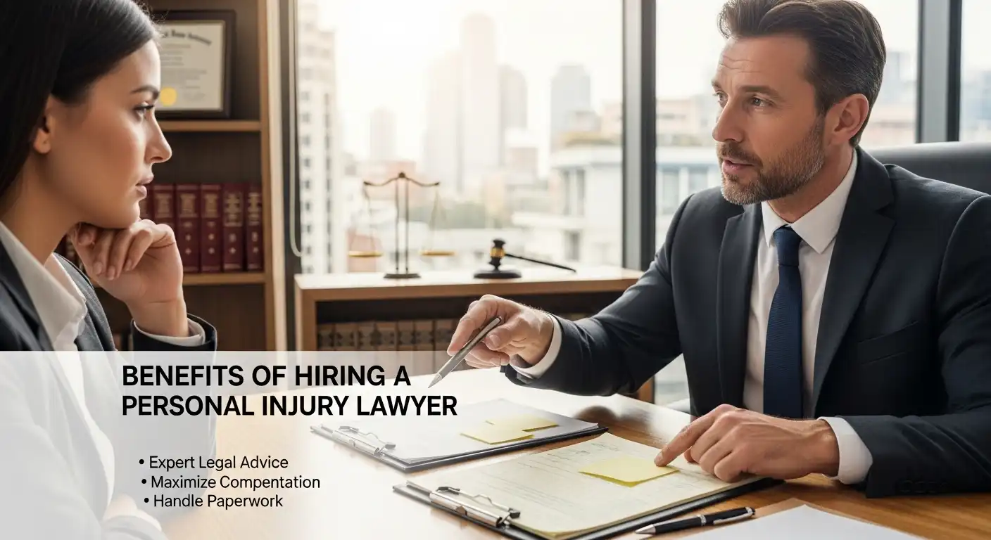 A professional attorney in a modern office explains the benefits of legal representation to a client, with text highlighting "Expert Legal Advice," "Maximize Compensation," and "Handle Paperwork."