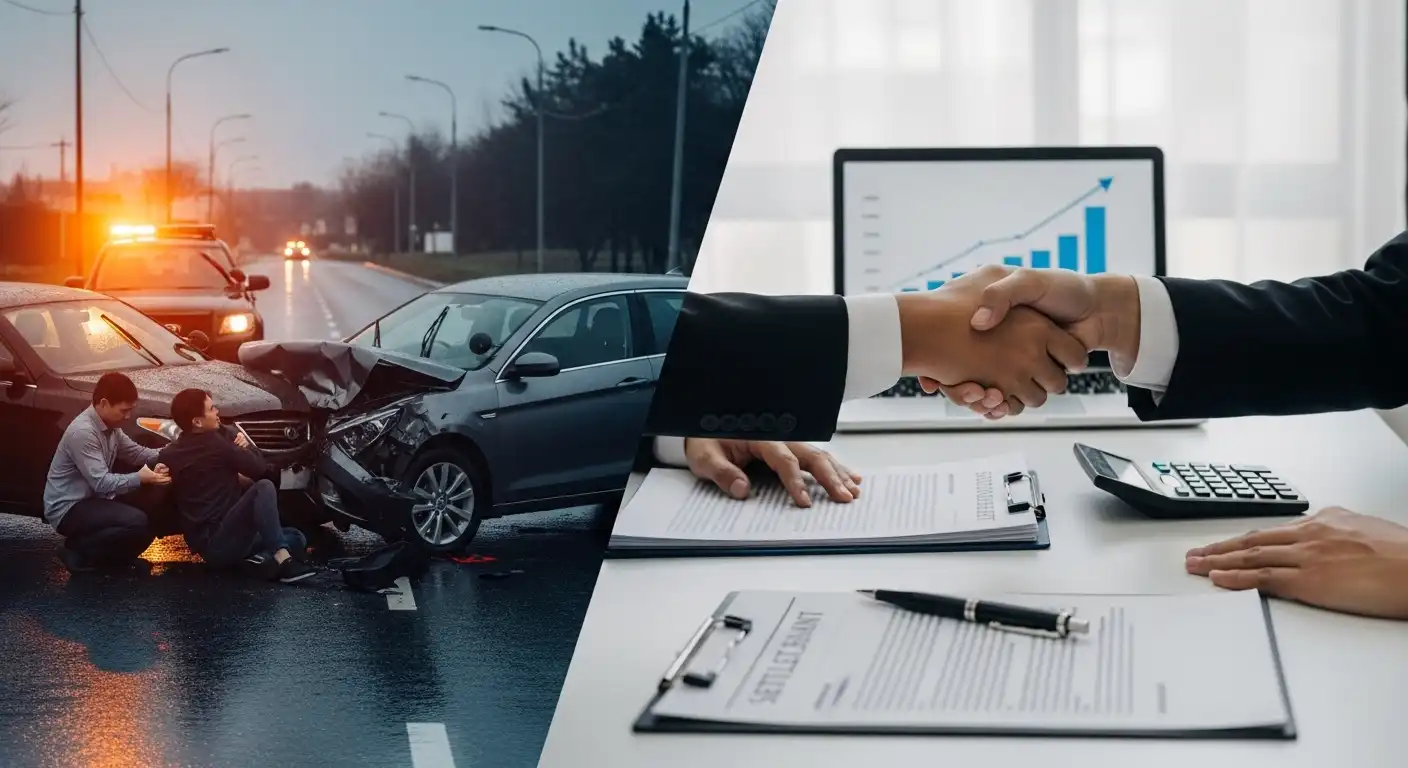A split-screen image showing the immediate aftermath of a two-car collision with a victim on the ground on the left, contrasted with a professional handshake over a signed settlement agreement on the right.