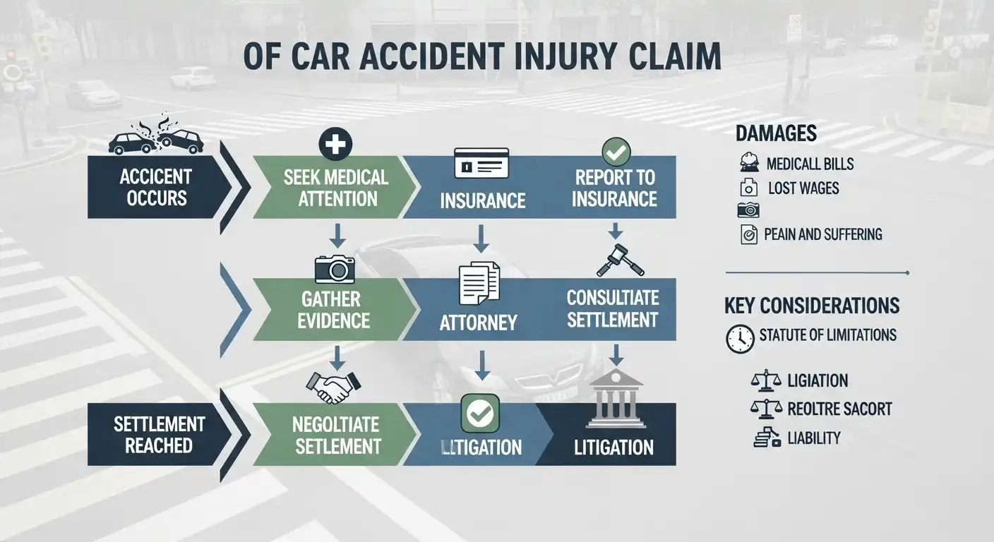 A detailed infographic titled "Of Car Accident Injury Claim" outlining the steps from accident occurrence to settlement, including seeking medical attention, gathering evidence, consulting an attorney, and navigating litigation.