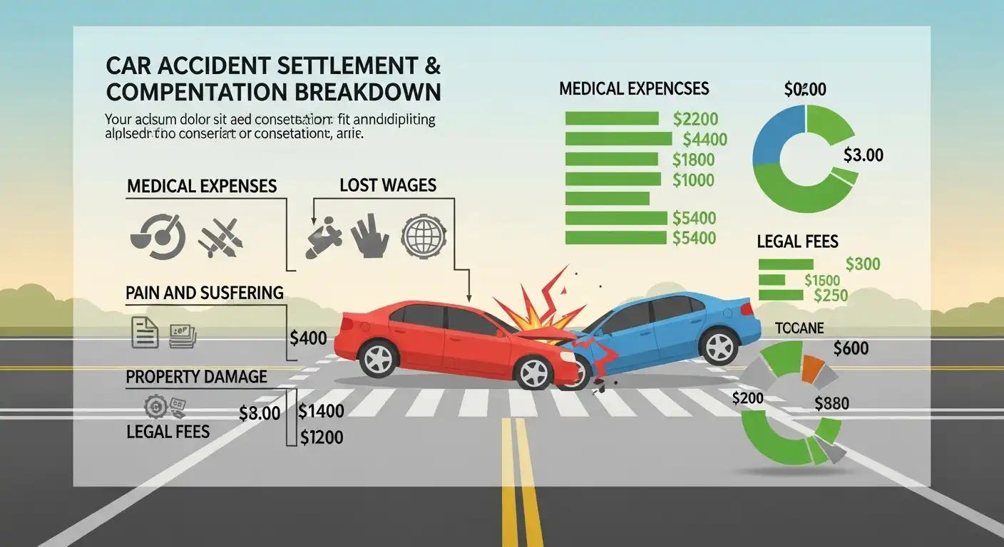 A detailed infographic showing two cars in a collision with various callouts for settlement components including medical expenses, lost wages, pain and suffering, property damage, and legal fees, accompanied by bar and pie charts illustrating financial data.