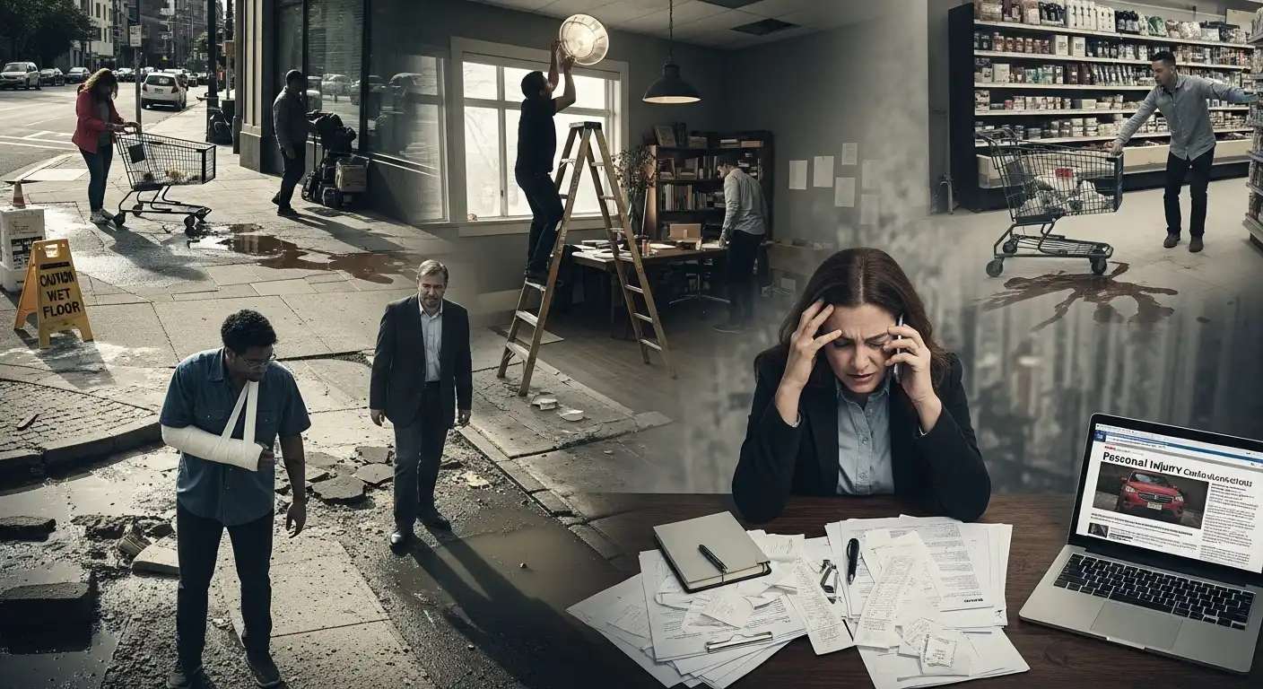 A collage showing various personal injury scenarios including a slip and fall in a grocery store, a fall from a ladder, and an injured man on a sidewalk, paired with a woman at a desk overwhelmed by medical bills and legal documents.