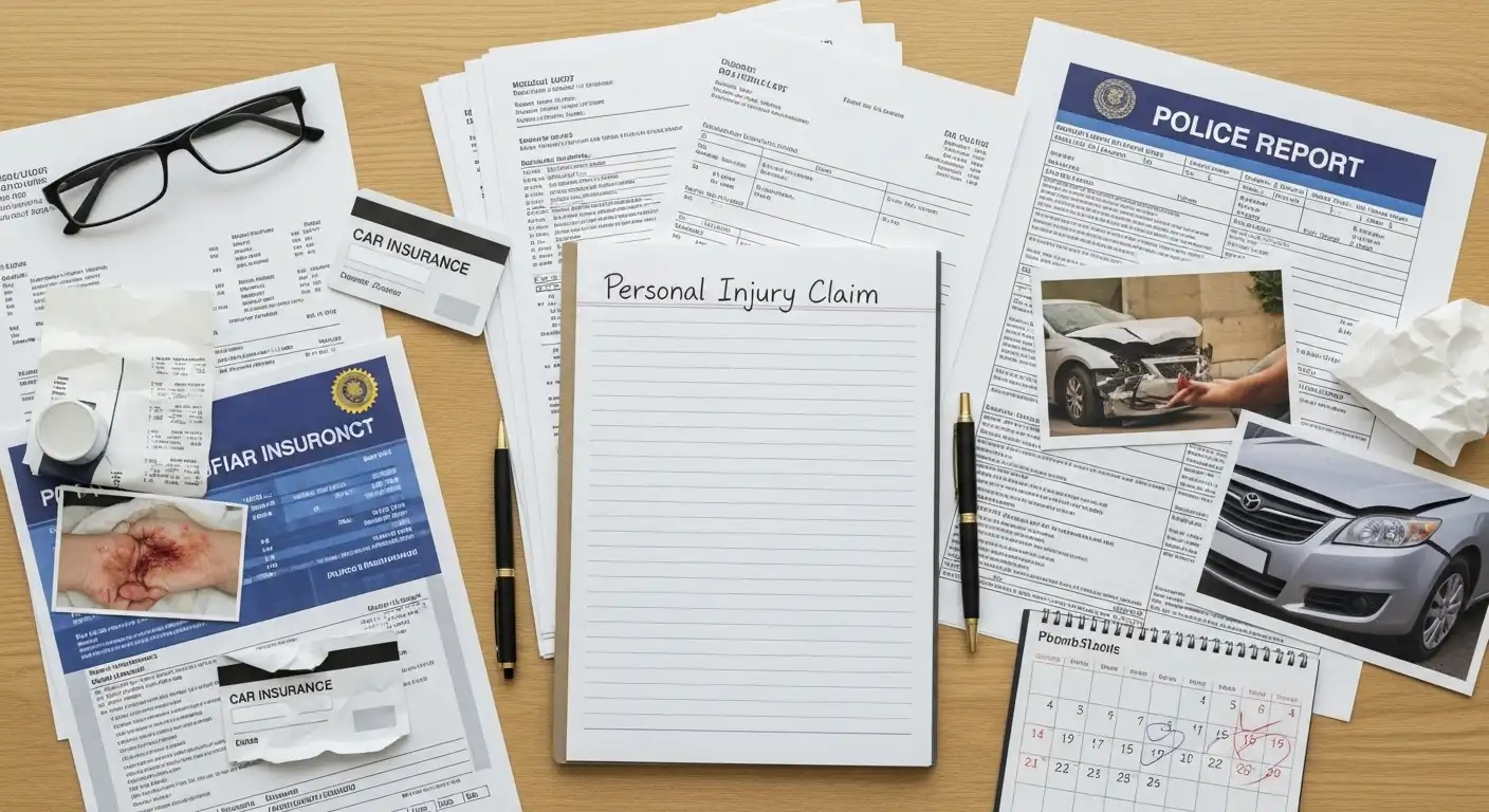 A top-down view of a wooden desk covered in personal injury claim documents, including a police report, car insurance papers, photos of vehicle damage and physical injuries, a calendar, and a notepad titled "Personal Injury Claim."