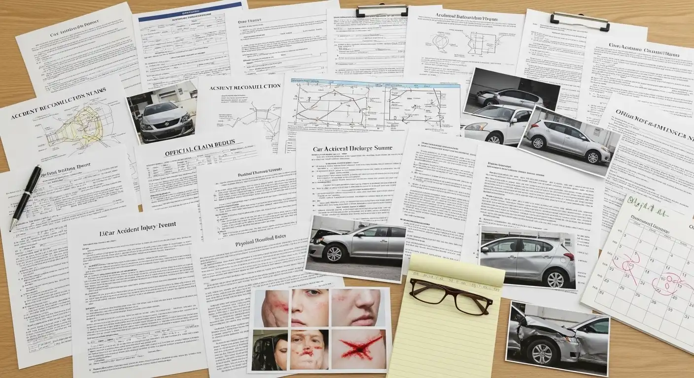 A top-down view of a wooden desk covered in extensive legal and medical paperwork, including accident reconstruction diagrams, car accident scene photographs, facial injury photos, a notepad with glasses, and a pen.