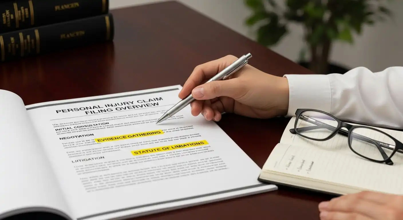 A close-up of a legal professional's hand using a silver pen to highlight key sections of a "Personal Injury Claim Filing Overview" document. Sections highlighted include "Evidence Gathering" and "Statute of Limitations," with a legal notebook and glasses nearby on a dark wooden desk.