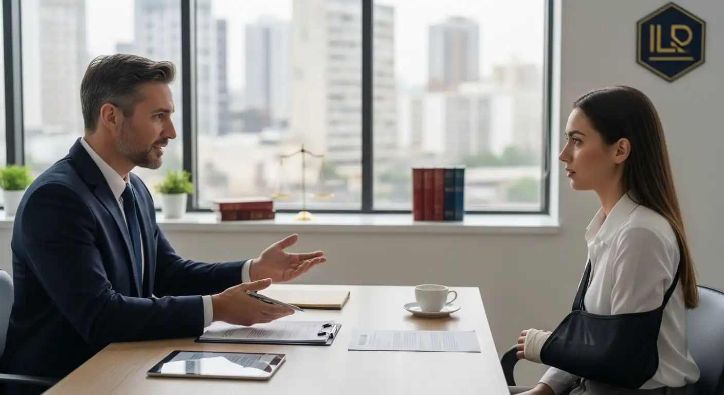 A professional personal injury lawyer in a suit discusses a case with a female client wearing an arm sling and hand bandage during a meeting in a modern high-rise office.