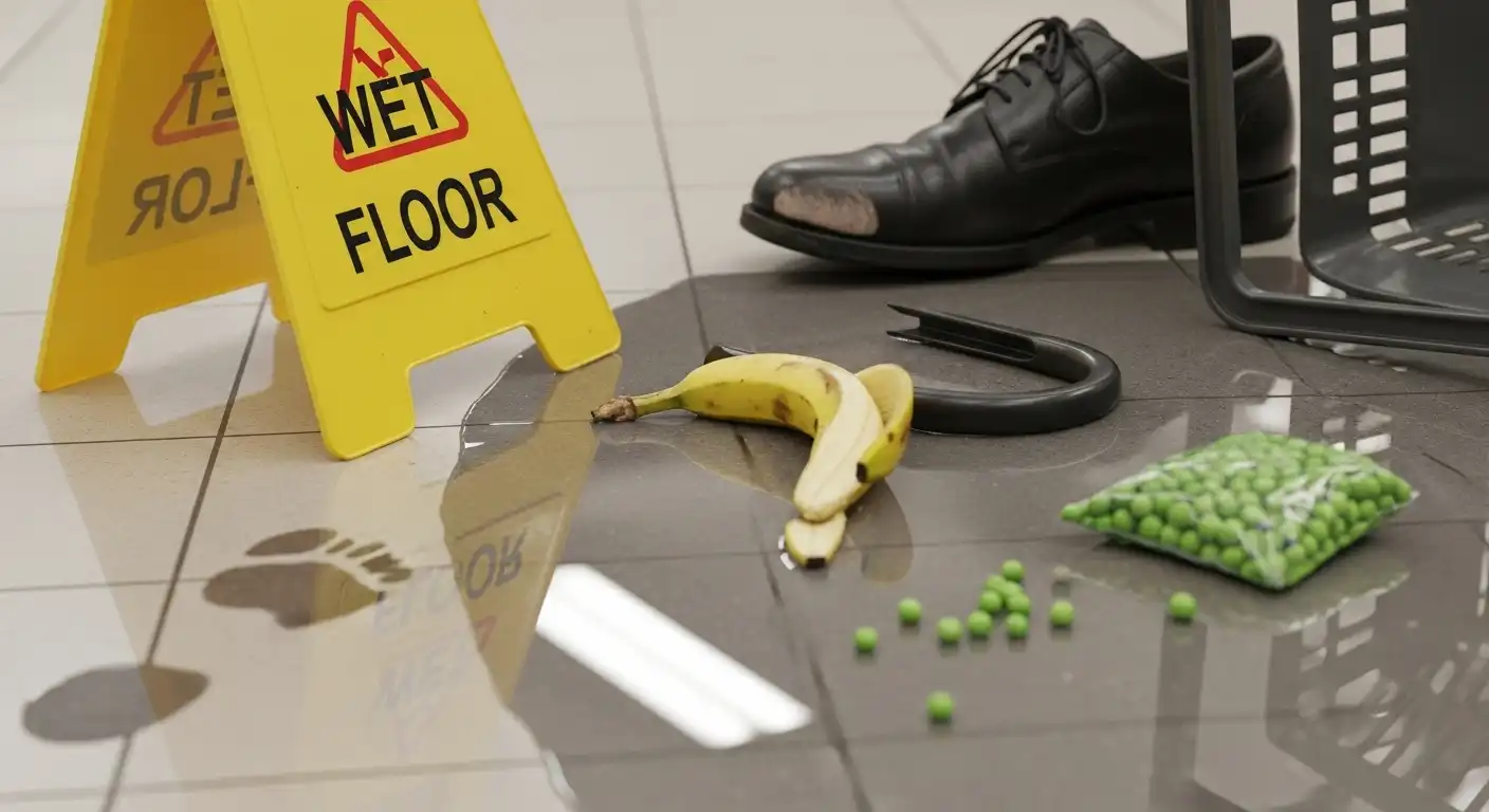 A businessman in a suit slipping on a large puddle in an office lobby, with papers flying from his briefcase and a yellow "Wet Floor" caution sign in the foreground.