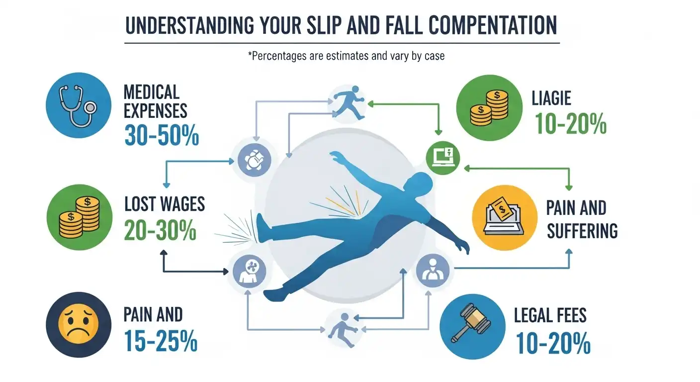 An infographic titled "Understanding Your Slip and Fall Compentation" featuring a central silhouette of a person falling, surrounded by circular icons representing estimated percentage ranges for medical expenses, lost wages, pain and suffering, and legal fees.
