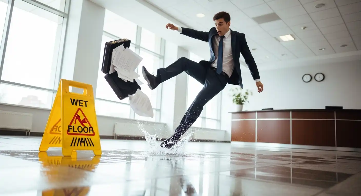 A businessman in a suit slipping on a wet floor in a brightly lit office lobby. He is mid-air with papers flying out of an open briefcase, right next to a yellow "Caution: Wet Floor" sign.