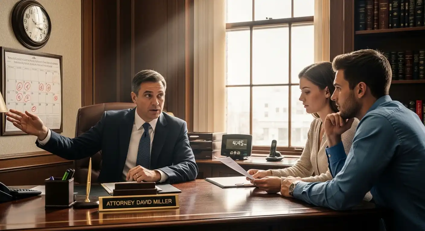 Attorney David Miller gestures toward a calendar on his office wall while explaining case deadlines to a young couple during a formal legal consultation.