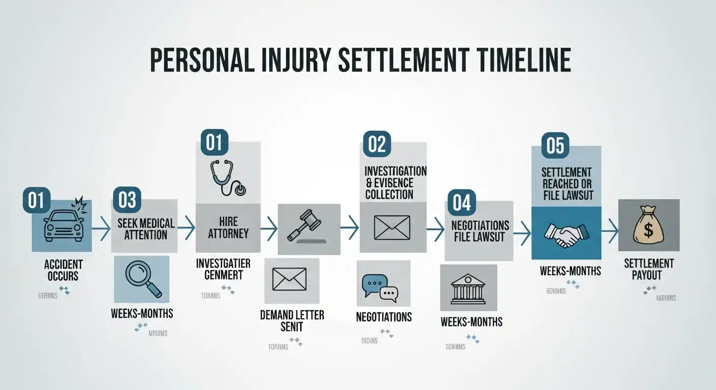 A top-down view of a wooden desk covered in personal injury claim documents, including a police report, insurance papers, photos of vehicle damage and physical injuries, a calendar, and a notepad titled "Personal Injury Claim."