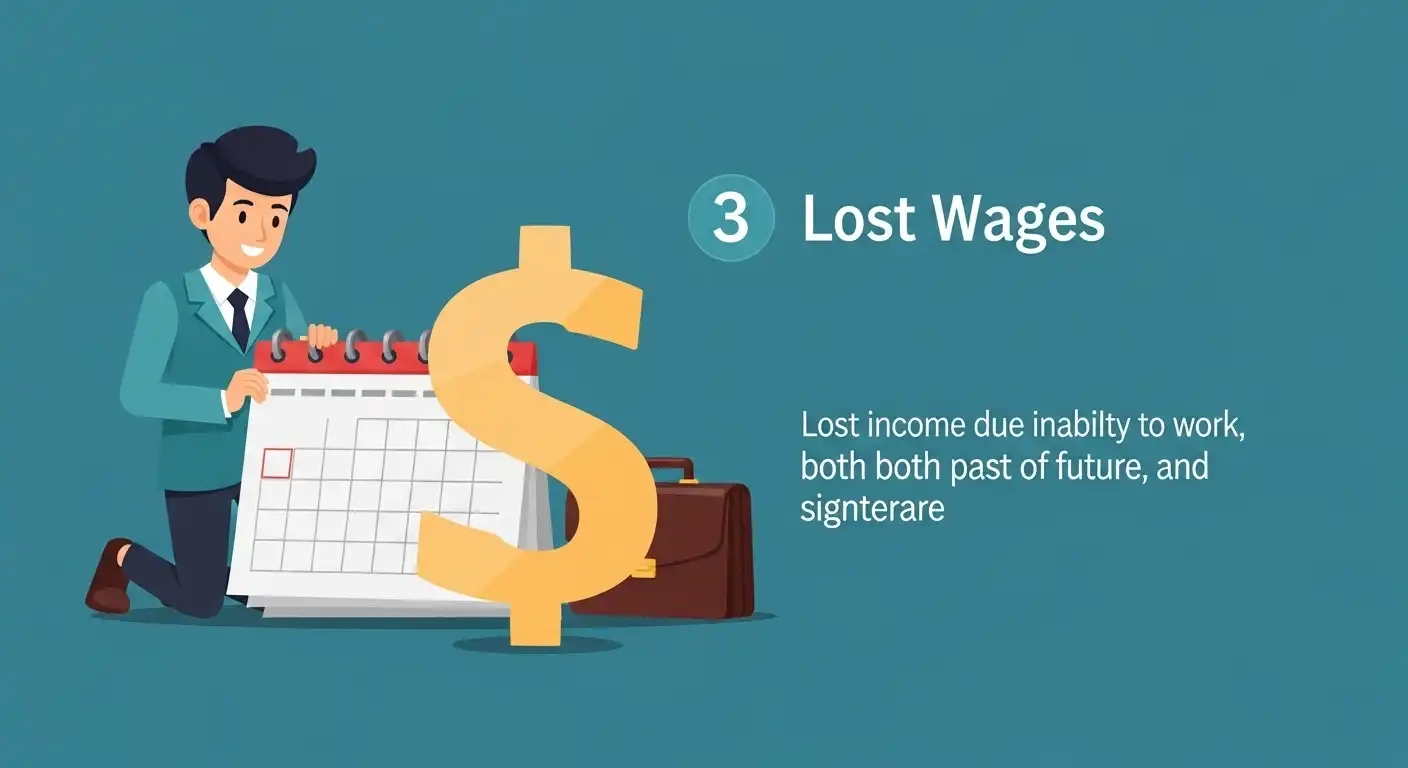 A top-down view of a desk covered in personal injury claim documents, including a police report, insurance papers, photos of vehicle damage and physical injuries, a calendar, and a notepad titled "Personal Injury Claim."