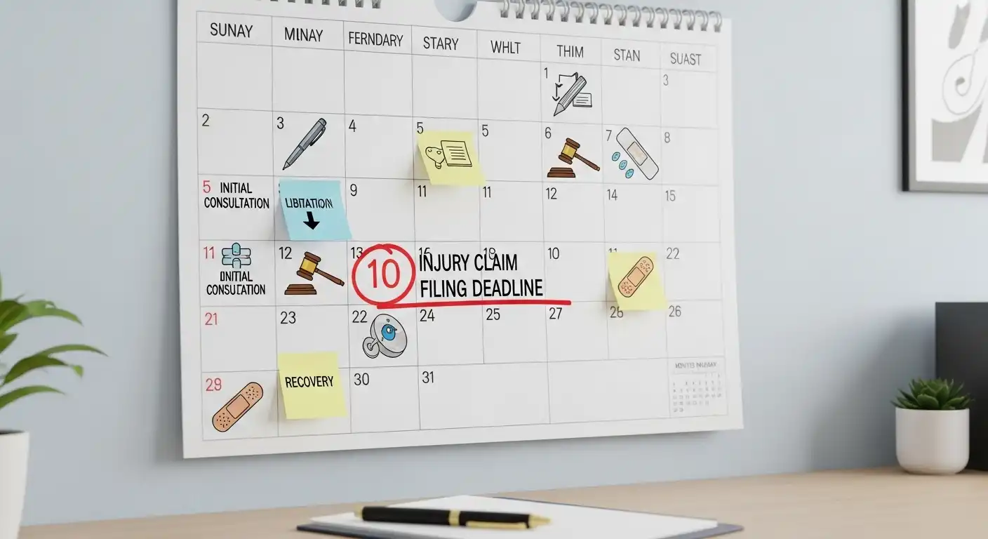 A wall calendar featuring various legal icons like a gavel, bandages, and pens, with a red circle highlighting "10" as the "INJURY CLAIM FILING DEADLINE."