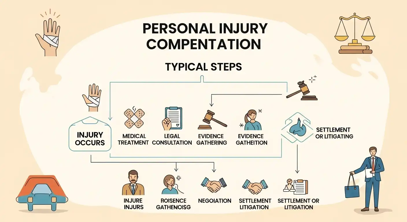 A process diagram titled "Personal Injury Compentation Typical Steps" showing the journey from an injury occurring through medical treatment, legal consultation, evidence gathering, negotiation, and settlement or litigation.