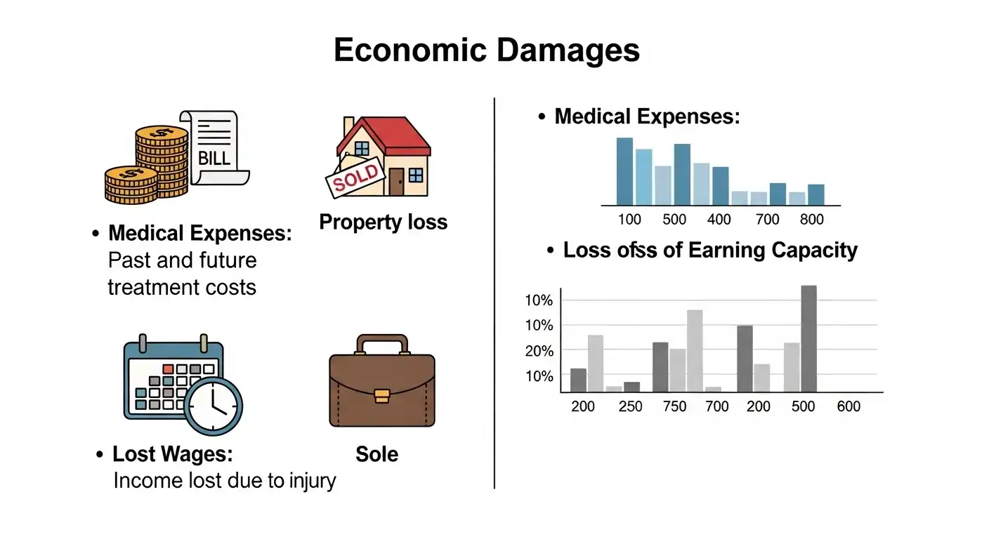An infographic titled "Economic Damages" illustrating various types of financial recovery, including past and future medical expenses, property loss, lost wages, and loss of earning capacity.