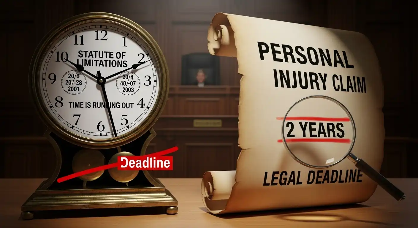 A large clock with "STATUTE OF LIMITATIONS" on the face sits next to a scroll titled "PERSONAL INJURY CLAIM" where a magnifying glass highlights a "2 YEARS" legal deadline.