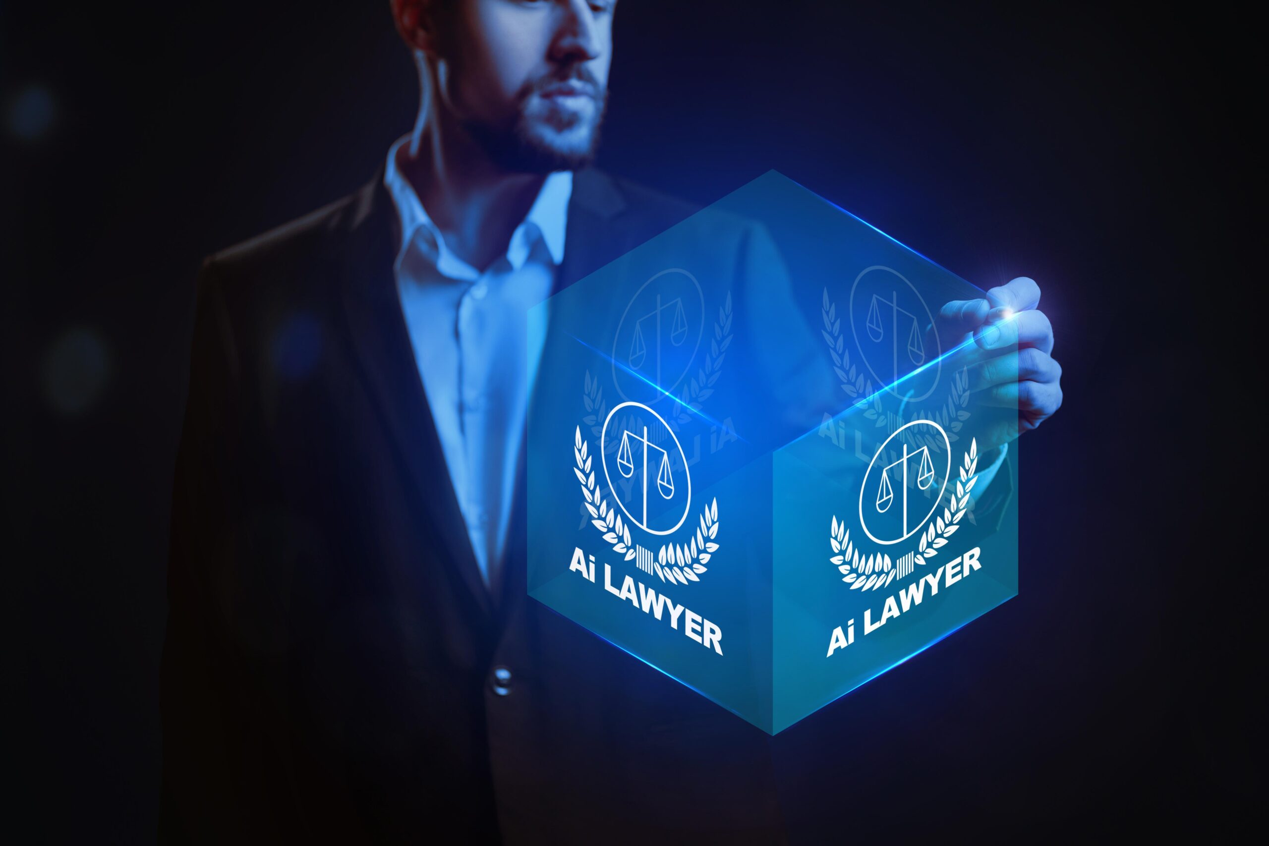 A man in a suit interacting with a glowing blue digital cube featuring an "Ai LAWYER" logo and scales of justice, representing the intersection of artificial intelligence and modern legal technology.