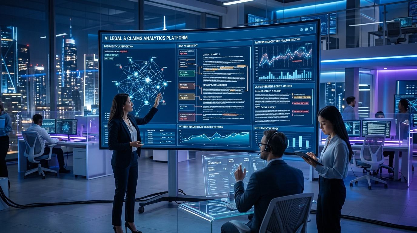 Artificial intelligence analyzing legal documents and insurance claim data on digital screens, futuristic office environment