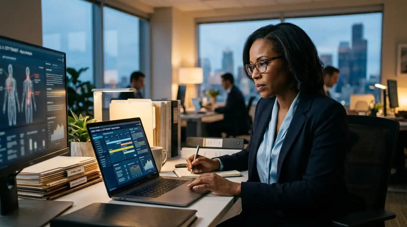 A female legal professional wearing glasses works at a desk in a modern city office at dusk. She is analyzing injury data and medical anatomical diagrams displayed on a large monitor and laptop, with legal files and other colleagues in the blurred background.