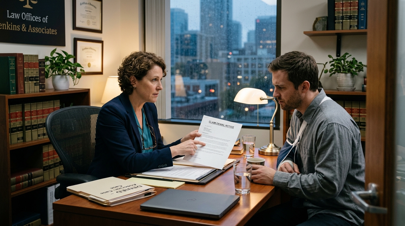 Personal injury lawyer explaining denied claim options to client