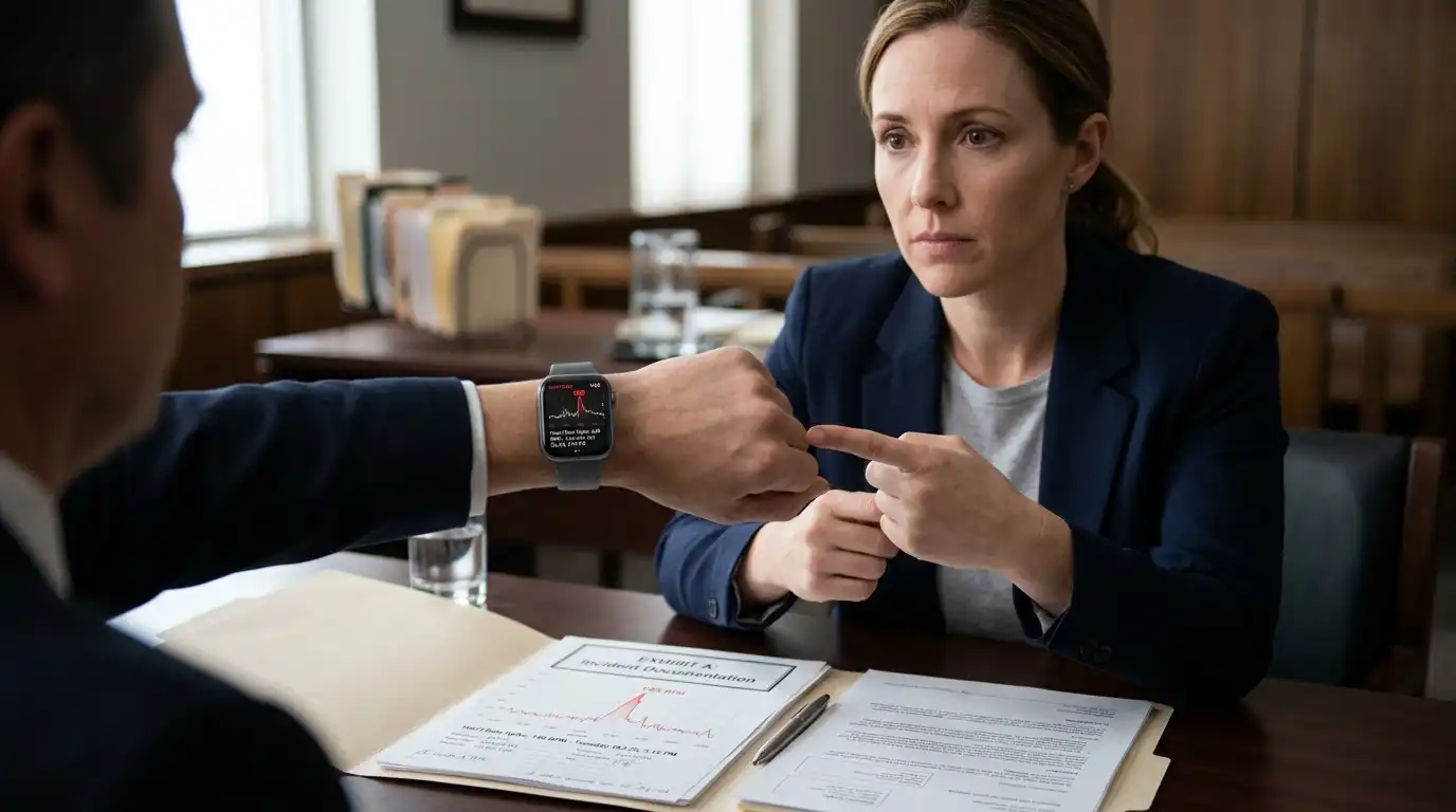 A legal professional in a suit points to a heart rate graph on a smartwatch worn by another person. On the desk, an open file labeled 'Exhibit A: Incident Documentation' shows a matching printed graph, illustrating the use of wearable tech data in a legal setting.