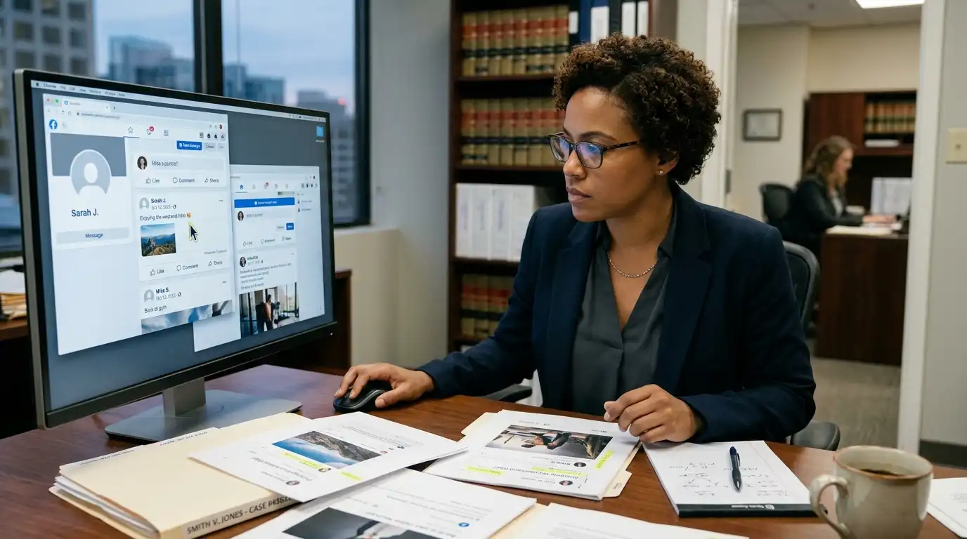 Attorney examining social media evidence during injury case