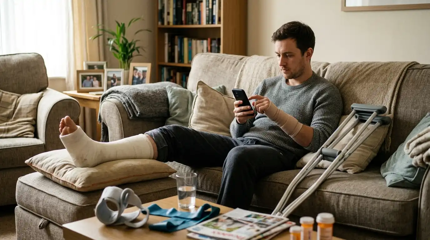 A man with a leg cast and bandaged arm sits on a sofa using a smartphone, with crutches and medication nearby, representing a personal injury recovery setting.