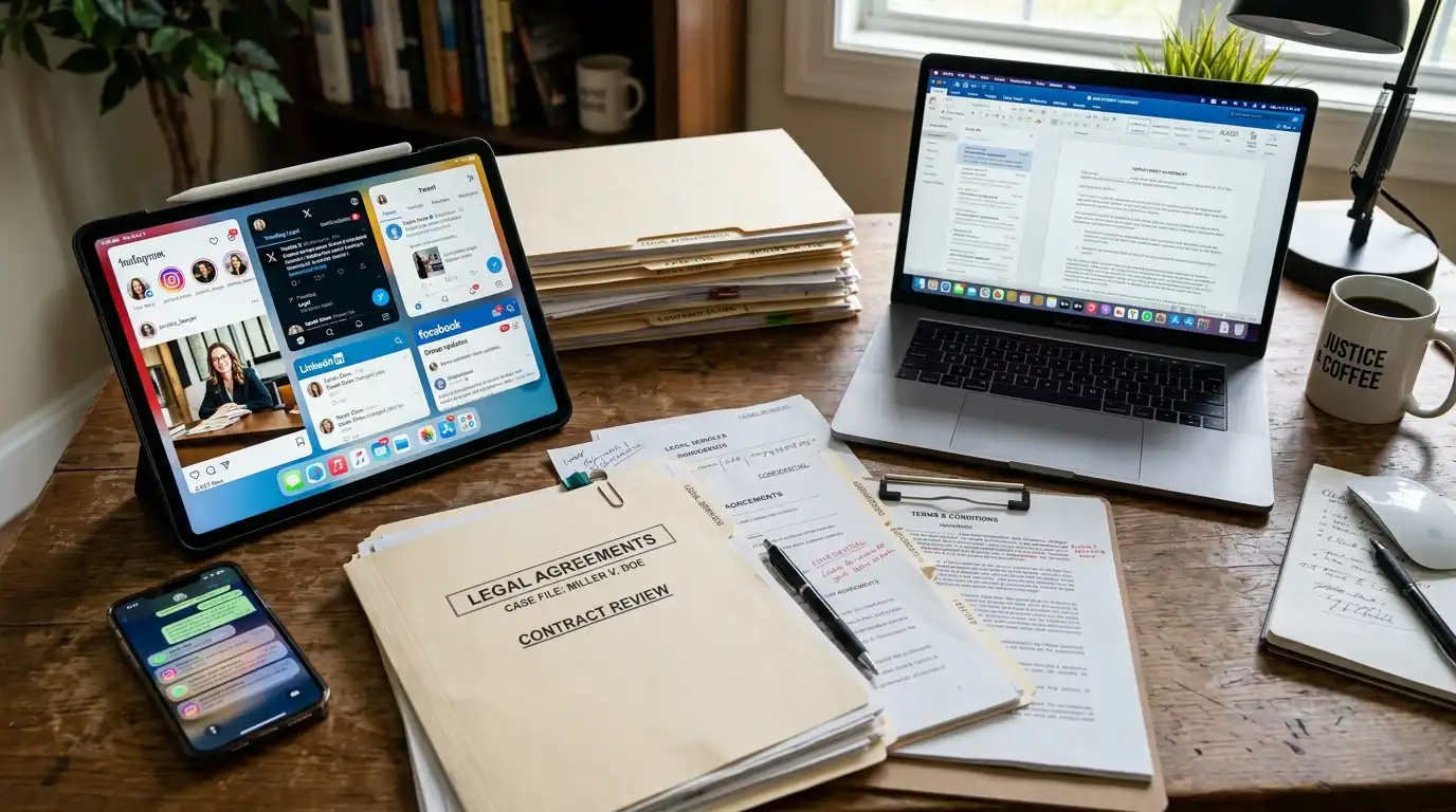 A wooden desk organized with legal folders, a tablet showing various social media feeds, a laptop with a text document, and legal agreements prepared for contract review.