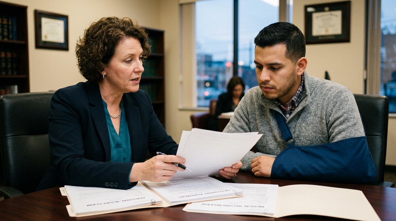 A female personal injury attorney reviewing legal paperwork and explaining a settlement agreement to a male client wearing a blue arm sling in an office setting.
