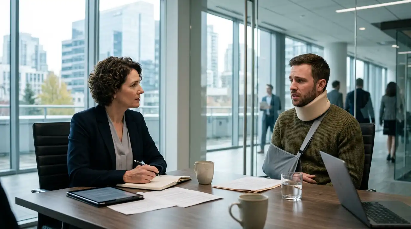 A male client wearing a cervical neck brace and an arm sling speaking with a female personal injury attorney during a legal consultation in a modern high-rise office.