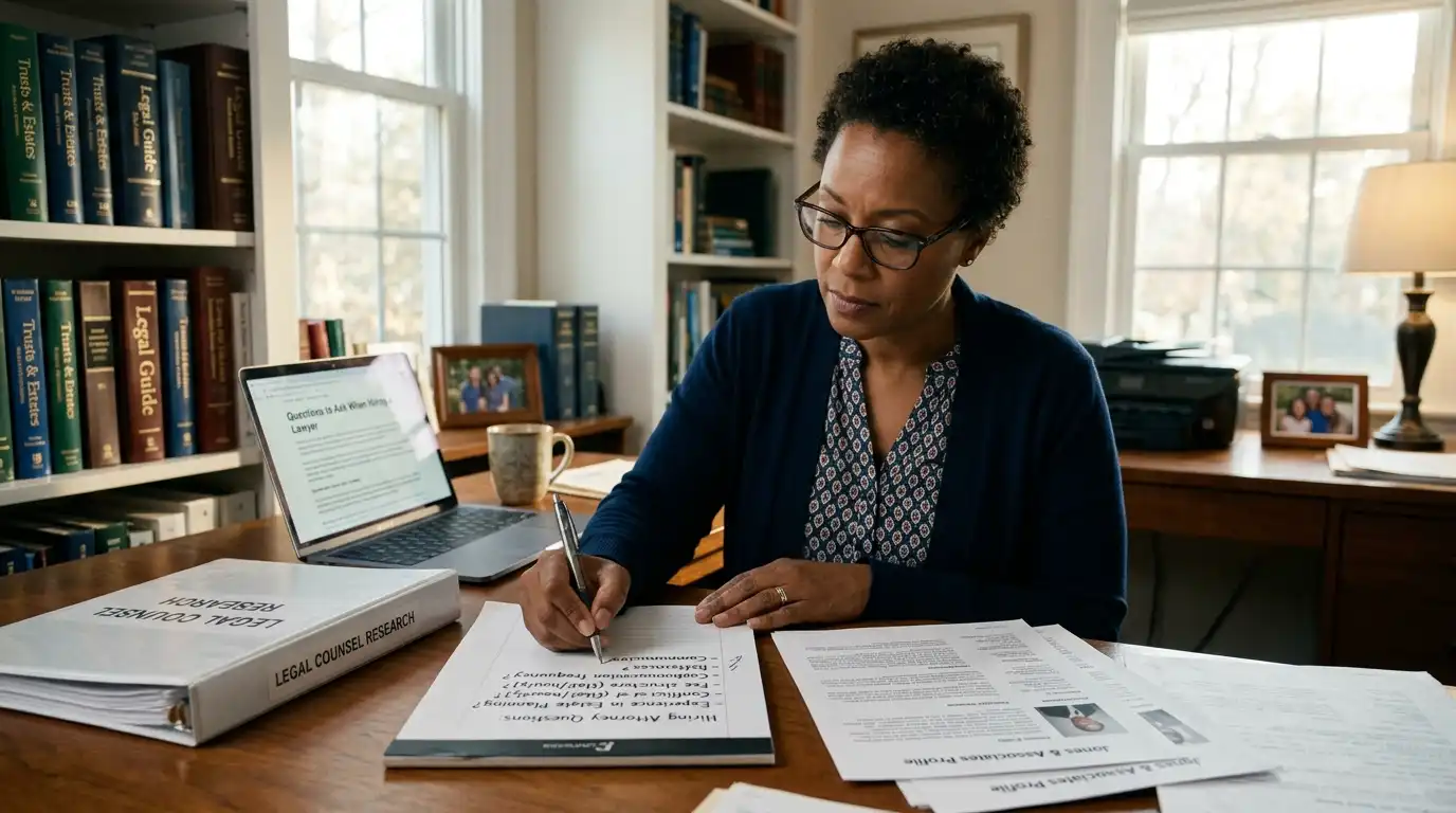 A woman sitting at a home office desk, writing down a checklist of questions to ask an attorney while reviewing legal counsel research on a laptop and legal profiles.