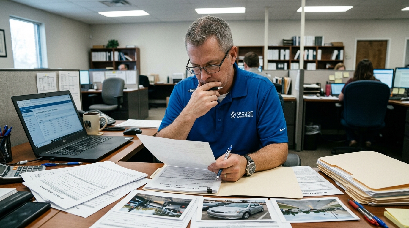 Insurance adjuster reviewing accident claim file