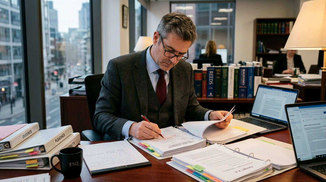 Lawyer analyzing case documents on desk