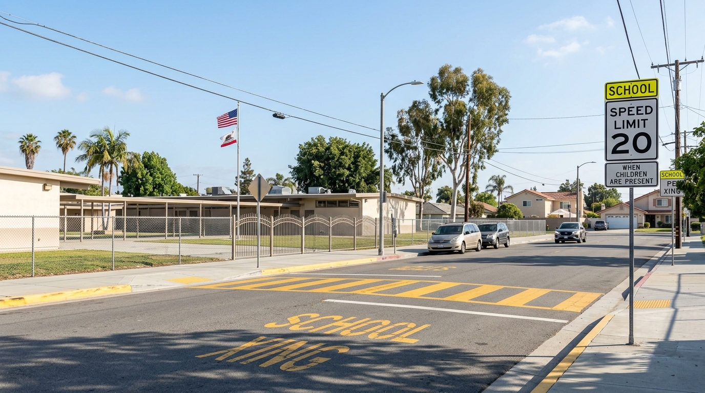 California school zone displaying a 20 mph speed limit sign under AB 382