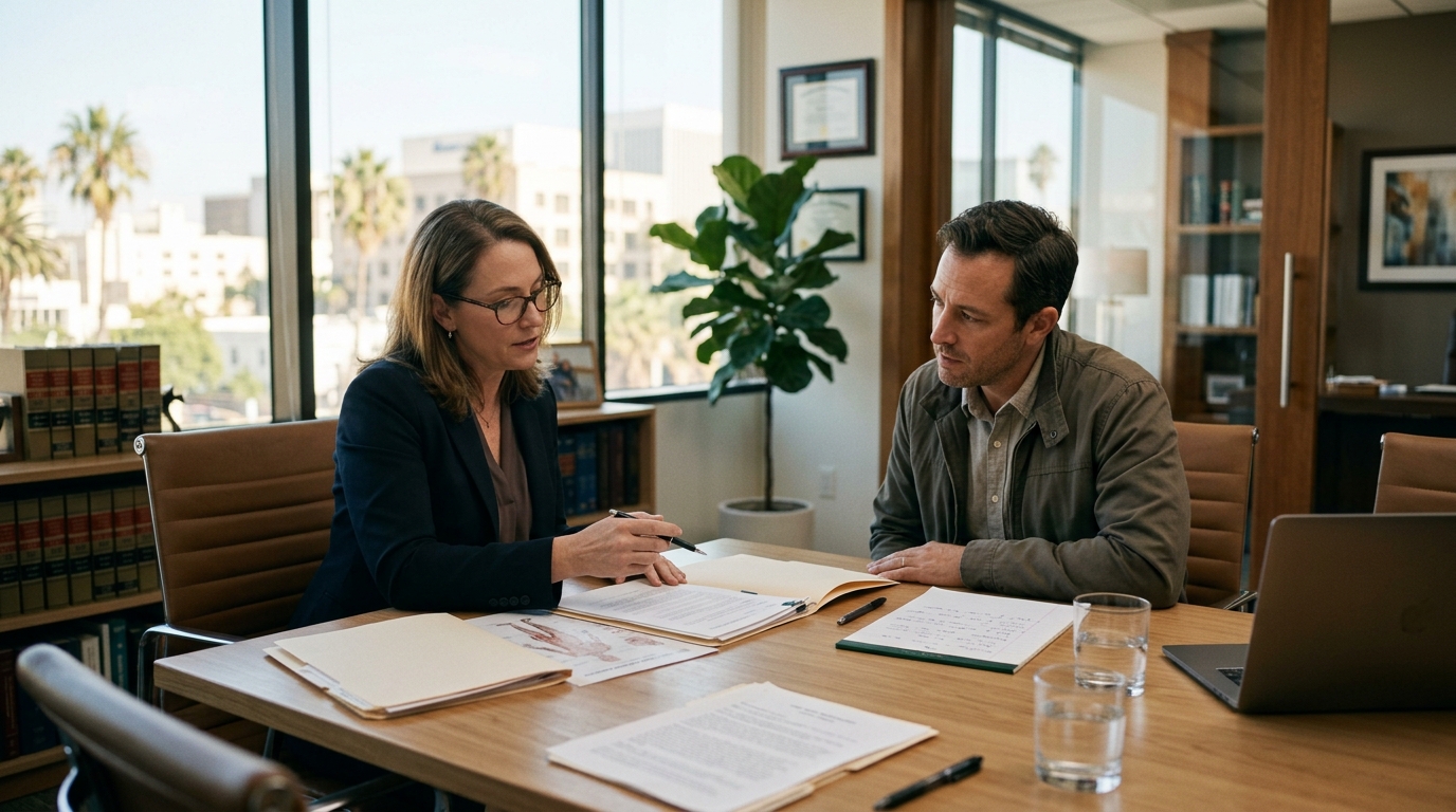 Personal injury attorney discussing a California school zone pedestrian accident claim with a client